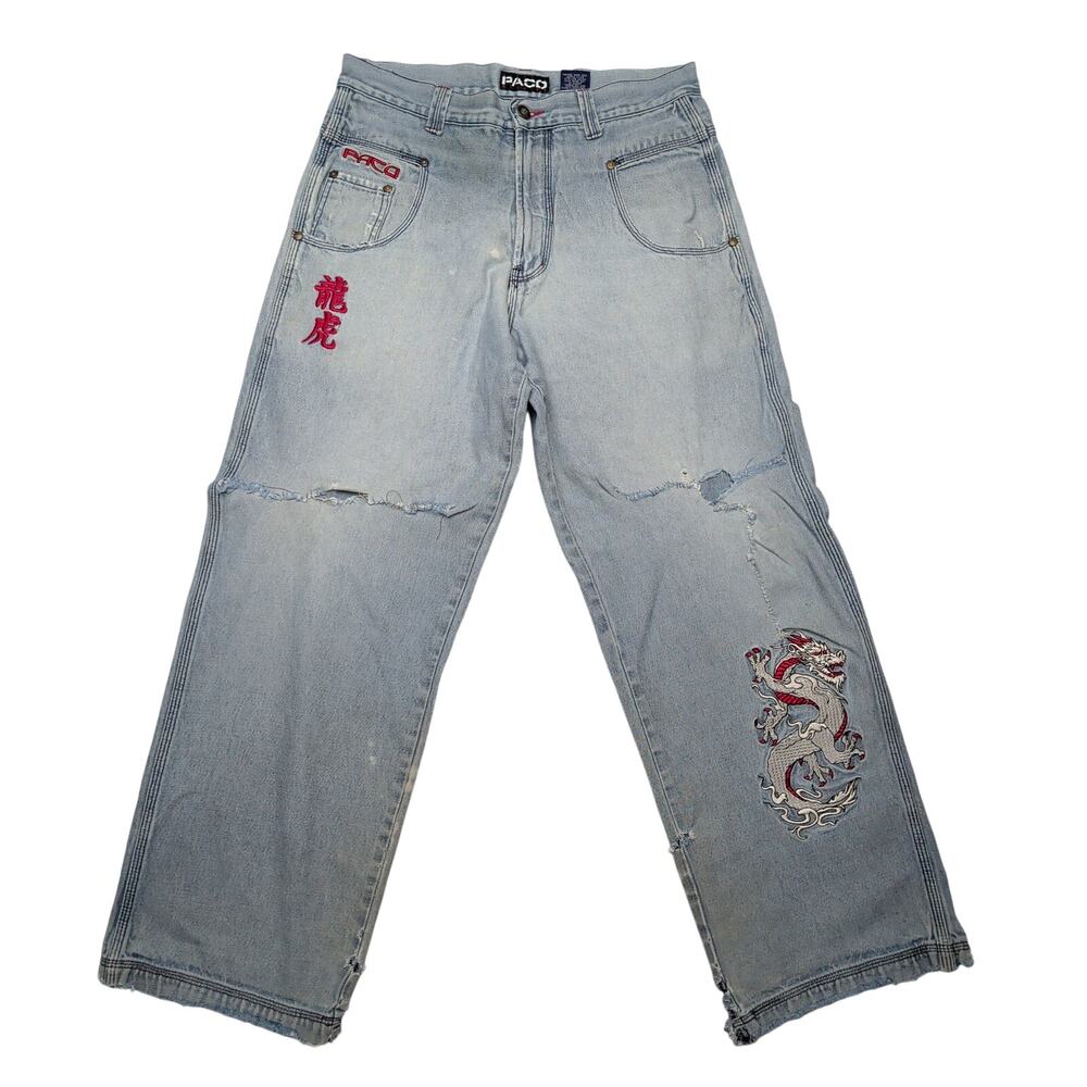 Vintage Y2K Paco Jeans Men's 31x29.5 Baggy Dragon Tiger Hip Hop Distressed